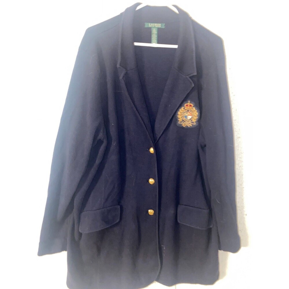 LAUREN Ralph Lauren Navy 3 button Wool Blazer Jacket Crest Crown Logo Pkt 12P